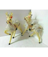 Vtg Christmas 2 Reindeer Prancing 9&quot; High Plastic Decorated Bling Off Wh... - £23.44 GBP
