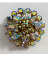 Vintage Gold Toned Clear Glass Crystal Circular Flower Brooch Pin - £23.64 GBP