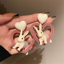 XIALUOKE Winter New Flocking Heart Acrylic Resin Rabbit Drop Earrings For Women  - £10.29 GBP