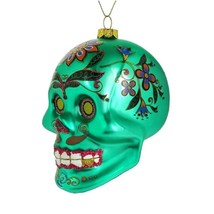 SKULL ORNAMENT 4&quot; Glass Christmas Tree Day of the Dead Sugar Muerto Teal Green - £18.34 GBP