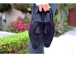 Apron Toe Blue Tone Genuine Suede Leather Handcrafted Tassel Loafers Men... - £117.94 GBP+