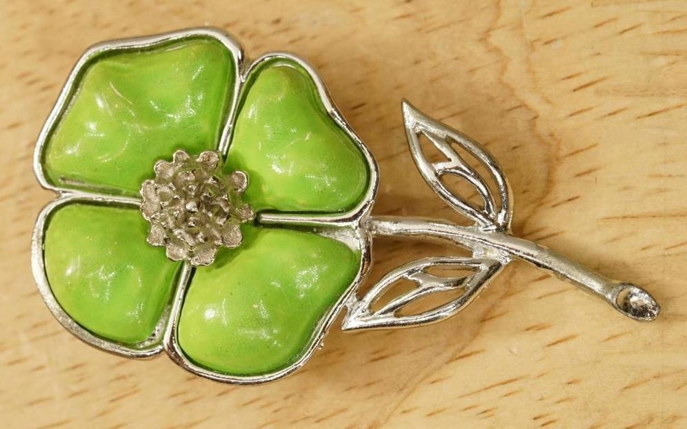 Primary image for VINTAGE Costume Jewelry Coro Lime Green Silver Tone Flower Brooch Pin
