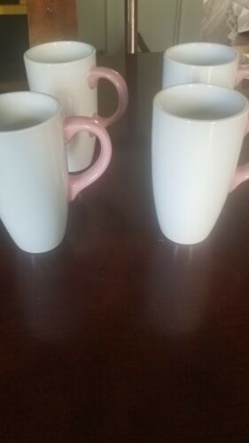 Set Of 4 White Oversized Tall Coffee Tea Cups Mugs W Pink Handles-NEW-SHIP24HRS - $60.20
