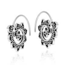 Peaceful Mandala Lotus Flower Spiral Pierce Hoop Sterling Silver Earrings - £11.25 GBP