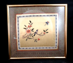 Asian Silk Embroidery Pink Lotus, Bird &amp; Butterfly Tapestry Panel, Frame... - $24.00