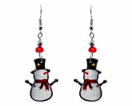 Snowman Christmas Themed Graphic Dangle Earrings - Womens Fashion Handmade Jewel - £11.83 GBP