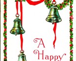 A Happy Christmas Xmas Holly Frame Bells on Ribbon UNP Embossed 1910s Po... - $3.91