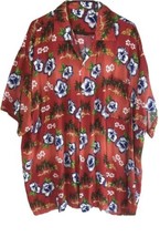 Hawaiian Shirt Aloha Style Blue Hibiscus Floral &amp; Palm Trees on Red Men&#39;... - £13.29 GBP