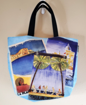 Lancome Print Canvas Tote Bag Blue Paris Palm Trees Double Handle Yellow Lined - £6.39 GBP