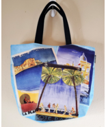 Lancome Print Canvas Tote Bag Blue Paris Palm Trees Double Handle Yellow... - £6.26 GBP