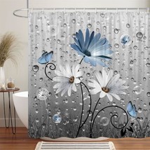 Rustic Farmhouse Blue Floral Shower Curtain, Light Blue Daisy Flowers Butterfly  - £22.23 GBP