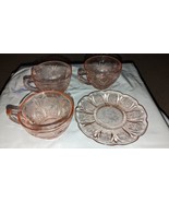 Pink Depression Glass 3 Cups &amp; Saucer Cherry Blossom Jeannette Glass Chi... - £18.50 GBP