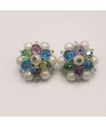 Vintage Round Cluster Clip Earrings Faux Pearl Pink Blue Green Faceted B... - $130.60 MXN