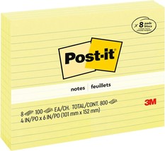 Post it Notes, 4 in x 6 in, 8 Pads, 100 Sheets/Pad, Clean Removal, Canar... - £14.33 GBP