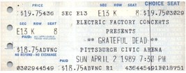 Grateful Dead Concert Ticket Stub Avril 2 1989 Pittsburgh Pennsylvania - £35.32 GBP