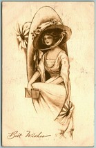 Gibson Girl Large Hat Daisies Flowers Best Wishes DB Postcard H5 - £5.38 GBP