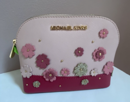 Michael Kors Cosmetic Bag Floral Appliqué Two Tone Pink Leather Zip M1 - £75.40 GBP