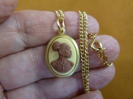 CA30-111 RARE African American LADY ivory + brown CAMEO brass Pendant necklace - £19.85 GBP