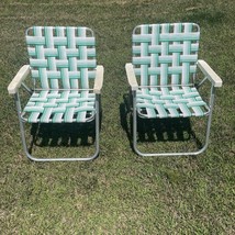 2 Two Aluminum Folding Lawn Chairs Green Webbing Vintage Camping Beach - $65.41