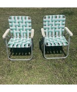 2 Two Aluminum Folding Lawn Chairs Green Webbing Vintage Camping Beach - £51.45 GBP