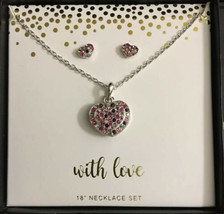 With Love Hearts 18” Necklace &amp; Earrings Set Lot Pink &amp; Silver - £6.00 GBP