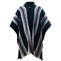Llama Wool Mens Unisex South American Hooded Poncho Jacket Striped Black - £62.34 GBP