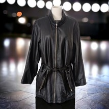 Vintage 90s Black Leather Jacket M Womens Tie Waist Belted Pockets Full ... - £62.27 GBP