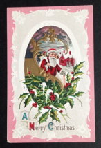 A Merry Christmas Santa Holly Scenic Pink Border Gold Embossed Postcard c1910s - $9.99