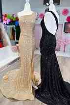 Stunning One Shoulder Mermaid Sequins Slit Long Champagne Prom Dress - £123.25 GBP