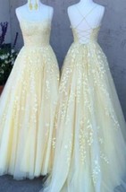 Light Yellow Tulle Prom Dresses with Appliques Lace  - $149.00+