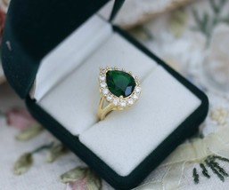 3CT Simulated Emerald Halo Lovely Wedding Ring 14k Yellow Gold Plated Silver - £68.53 GBP