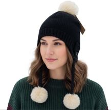 American Rag Women Soft Knit Black Trapper Hat with Ivory Pom-Poms (1pc)... - $19.79