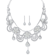 Roune Crystal Simulated Pearl Floral Bib Becklace And Earrings Silvertone - £55.07 GBP