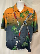 Hawaiian Aloha Palm Trees Guitars Travel Box Office Island Shirt Men&#39;s LG Blue - £14.93 GBP