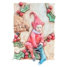 Vintage Pixie Elf Fairy High Relief Tile Plaque Christmas Xmas Signed Mc... - $22.76