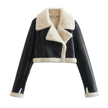 TRAF Women Fashion Thick Warm Faux Shearling Crop Jacket Coat Vintage Long Sleev - £61.57 GBP