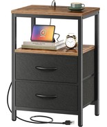 Rustic Brown And Black Night Stand With Charging Station, End Table With... - $59.92