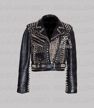 New Woman Black Punk Silver Spiked Studded Brando Style Cowhide Leather ... - £335.84 GBP