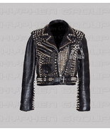 New Woman Black Punk Silver Spiked Studded Brando Style Cowhide Leather ... - £336.18 GBP