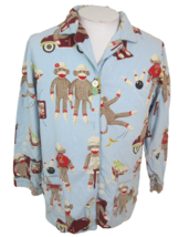 Nick &amp; Nora Women Pajama l/s top shirt sock monkey flannel sz L funny blue  - $17.81