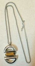 lia sophia Tigers Eye  Long Necklace Large Modernist Pendant Silver Tone... - $19.30