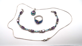 Vintage Sterling Silver Amethyst Opal Bracelet Necklace Ring Set - £109.26 GBP