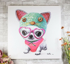 Colorful Chihuahua Puppy Dog With Pink Heart Glasses Canvas Wooden Picture Frame - £28.41 GBP