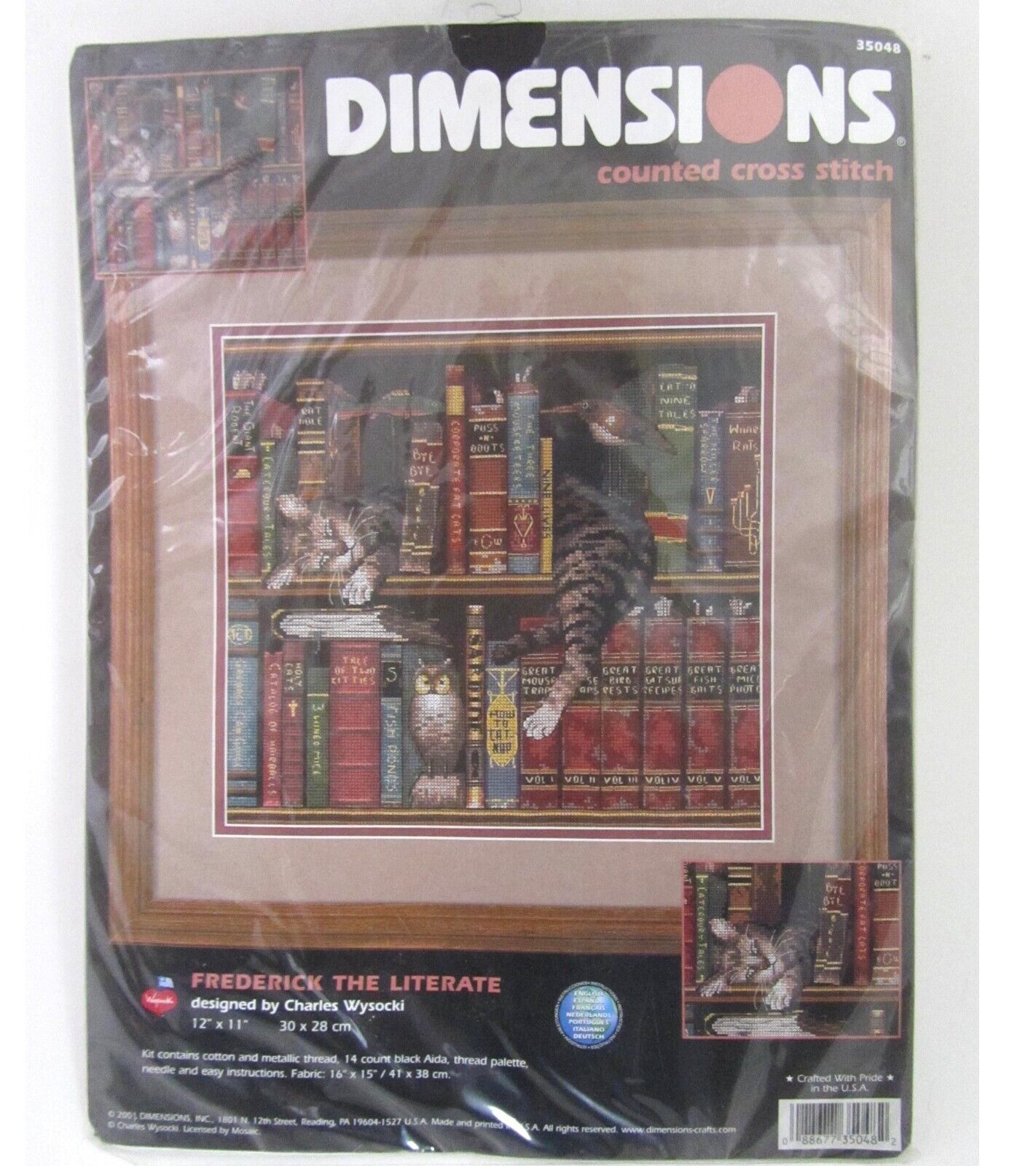 Dimensions Frederick the Literate Cat Book shelf Cross Stitch Kit 35048 vtg 2001 - $14.80