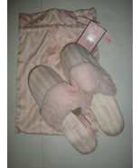 New Victoria&#39;s Secret Classic White/Pink Stripe Satin/Faux Fur Slippers ... - £23.72 GBP