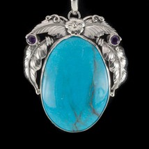 Étonnant Turquoise &amp; Améthyste Argent Sterling Pendentif Set sur Une Floral - $4,904.67 MXN