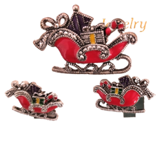 NEW Santa&#39;s Sleigh Earrings and Pendant/Brooch Set Marcasite Red Enamel Presents - £9.59 GBP