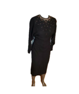 Vintage Crepe Midi Dress Rhinestone Long Dolman Sleeve Pencil Dress Blac... - $889.90 MXN