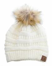 Ivory - Beanie Hat Stretch Cable Knit Ribbed Super Soft Faux Fur Pom Pom - £20.54 GBP