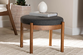 Geneva Japandi Dark Gray Fabric and Walnut Brown Ottoman Footstool - $1,895.87 MXN